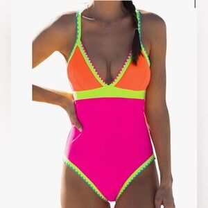 Neon Pink and Orange One Piece Swimsuit
